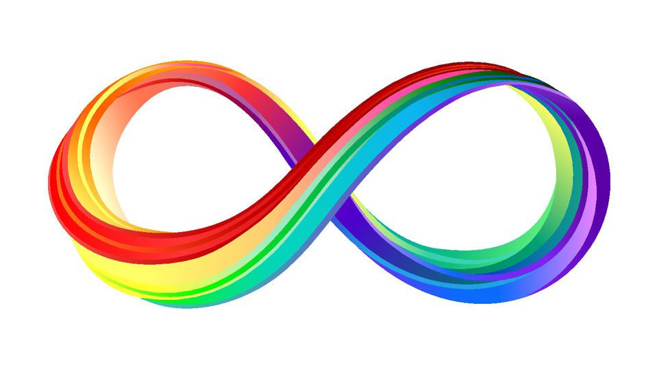 Bright symbol of infinity from plastic layers of red, yellow, green, turquoise, blue and purple saturated colours on white background.