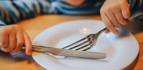 hands with knife & fork on an empty plate