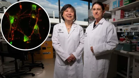 two women laboratory technicians/scientists in white lab. coats facing the camera