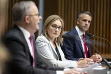 Prime Minister Anthony Albanese, Victorian Premier Jacinta Allan and SA Premier Peter Malinauskas after the national cabinet agreed on a way to rein in the NDIS.  