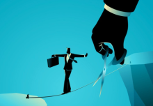 stylised man walking on rope over chasm - big hand coming down with scissors to cut the rope from under him 